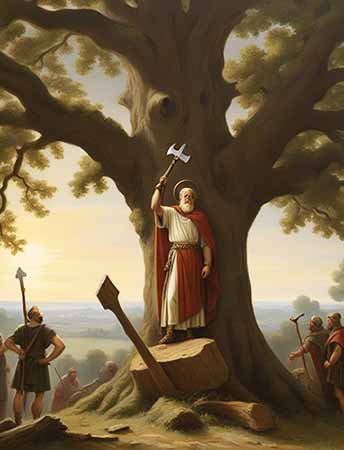 Saint Boniface is about to cut down the sacred Donar oak of the Germanic tribes Saint Boniface is about to cut down the sacred Donar oak of the Germanic tribes
