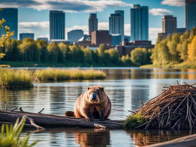 A beaver sits on a tree trunk in the water, with the city in the background.