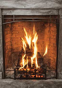 A fireplace in which wood burns.