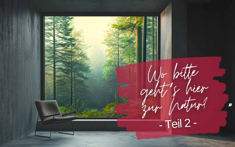 A modern space with a large window overlooking the forest. A maroon brushstroke with German text reads: "Where do you go to nature here? - Part 2." An armchair stands next to the window, perfect for those looking for relaxation in nature.