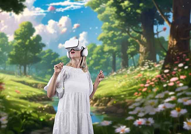A person with a virtual reality headset and headphones stands in a forest landscape with flowers, trees and a stream under a bright sky.