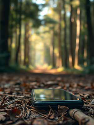 A smartphone lies on a forest floor covered with dry leaves, tree trunks and a sunlit path can be seen in the background.