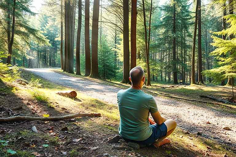 A person sits on the ground next to a dirt road in a sunlit forest, surrounded by tall trees.