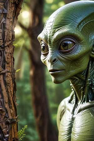 forestbathing-alienexercise An alien figure with green skin and big eyes stands next to a tree in a forest landscape.