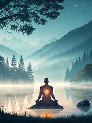 Meditating person at a quiet lake with light shining from its chest, surrounded by mountains and trees at dawn.