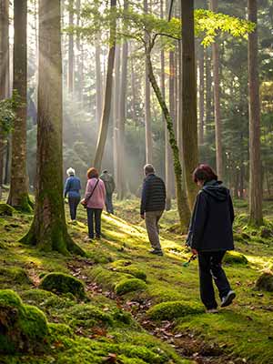 A group of people are walking on a moss-covered forest path as the sunlight filters through the tall trees.