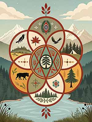 Geometric design with nature motifs, including mountains, trees, birds, a tent and a bear, centered around a lake, stylized in earthy colors.