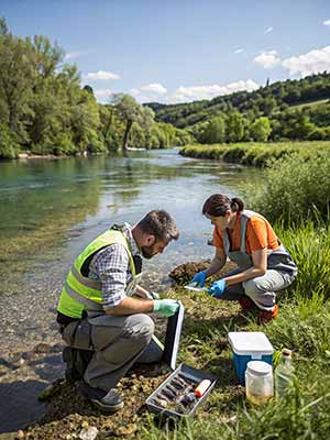 Two researchers in outdoor gear collect water samples from a riverbank surrounded by greenery and hills, under blue skies.