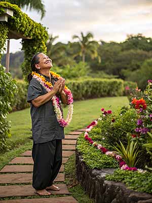 A person stands on a garden path with flower chains and looks up with a smile, surrounded by lush greenery and flowers.