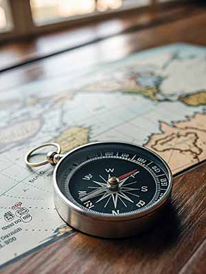 On a world map lies a compass pointing north.