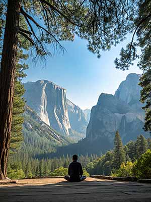 Person sitting on a wooden platform and meditating while enjoying a scenic view of mountains and trees under a clear blue sky.