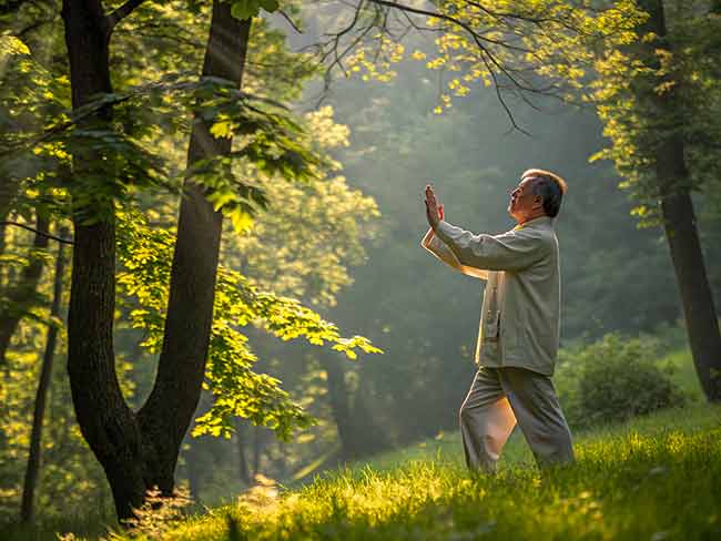 A person practices tai chi in a sunlit forest, surrounded by lush green trees and grass.