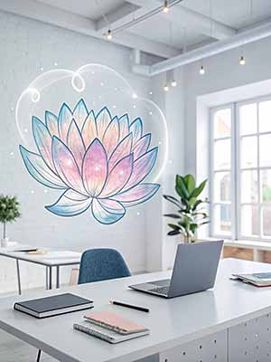 Office space with desk, laptop and notebooks. A large, glowing lotus image floats above the desk. Natural light enters through a window and illuminates a nearby potted plant.