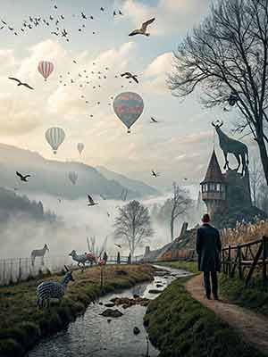 Surreal landscape with hot air balloons, a man walking along a stream, large animal sculptures and flying birds. Fog covers distant hills and a tower is visible to the right.
