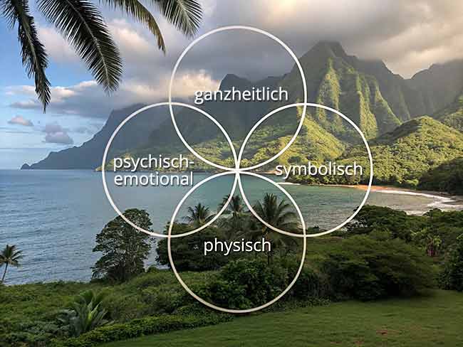 Four interconnected circles with the words: "holistic", "psycho-emotional", "symbolic", "physical", overlaid with a tropical coastal landscape with mountains and palm trees.